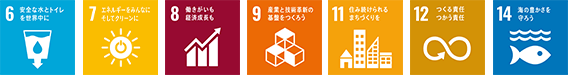 6.安全な水とトイレを世界中に 7.エネルギーをみんなにそしてクリーンに 8.働きがいも経済成長も 9.産業と技術革新の基盤をつくろう 11.住み続けられるまちづくりを 12.つくる責任つかう責任